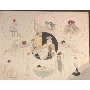 Aquarelle Art Déco Les Femmes Coquines 