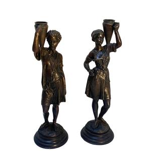 Pair Of Bronze Candlesticks Nubian Subject