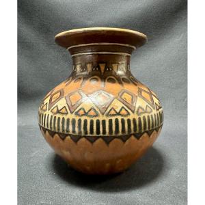 Stoneware Vase With Geometric Decor - Beige, Brown And Blue Enamels - Signed Hb Quimper Odetta