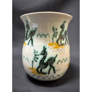 Louis Randour - Tronconic Stoneware Vase Decorated With Fawns In Stylized Vegetation