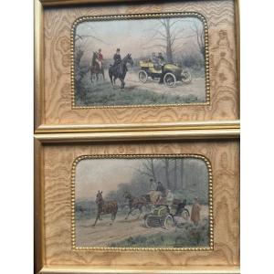 Paire D’aquarelles Les Premiers Tours En Voiture GeorgeWright 