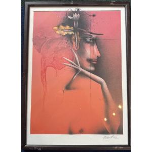 La femme en rouge lithographie  de Paul Wuderlich 