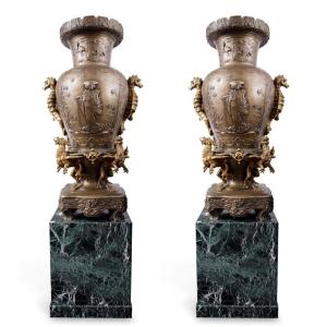 Imposante Paire De Grands Vases En Bronze - Alban Chambon