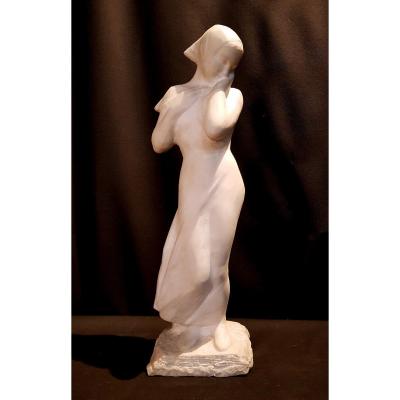 Hooded Woman, White Marble, Art Deco - Belgian School