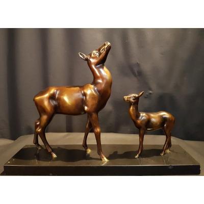 Groupe En Bronze, Biche Et Faon, Art Déco - Soleko