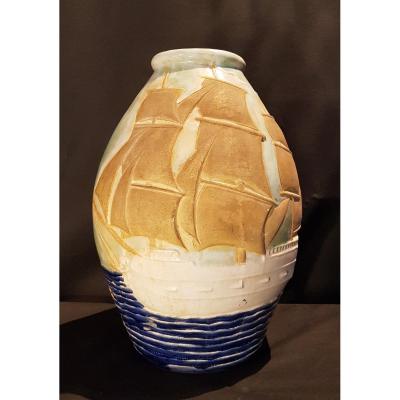 Earthenware Vase, Sailboats - Jean Van Dongen