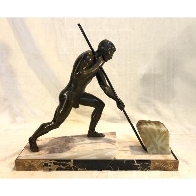 Art-deco Sculpture - Lemoine - l'Effort - Wirth Metal  Marble / Stainless Steel - 13 X 52 Cm