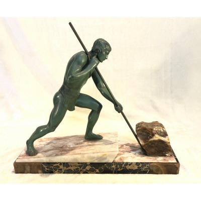 Sculpture Art-deco - Attribué à Lemoine - l'Effort - Regule/marbre/inox - 13 X 52 Cm