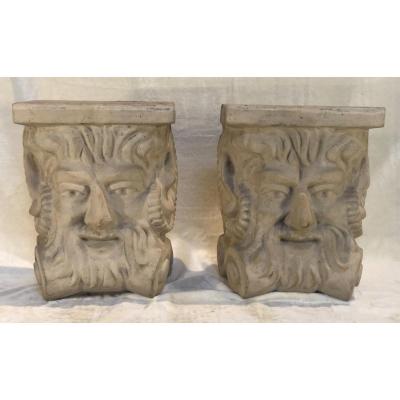 2 Stoneware Plinths - Attributed To Guerin - Stylized Bachus Head - 15x24x31 Cm