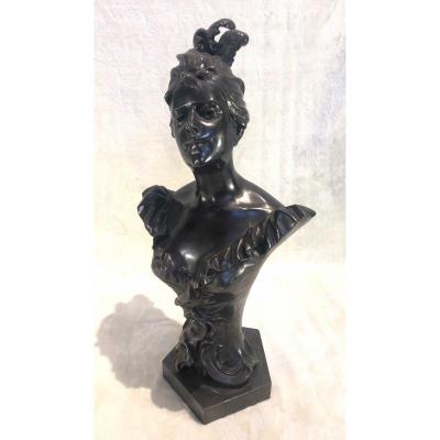 Buste De Femme Au Chapeau, Sculpture En étain - W. Hareng Paris - Coup à La Base (à Restaurer)