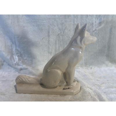 Faïence Craquellée Blanche - Le Renard - Signé: Fontinelle - Base : 9 X 23cm - H. 23cm