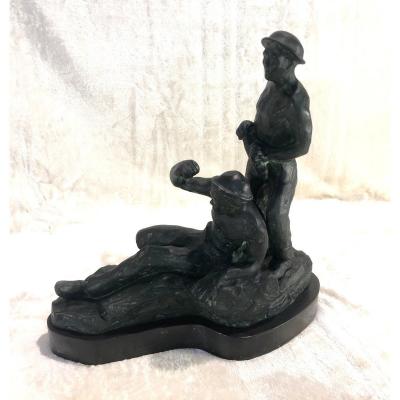 Bronze Sculpture - The Miners - Signed: F. Steenebruggen - 16 X 34 X 35cm