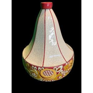 Vase Art-déco Longwy- Craquelé - Forme Géométrique Avec Fleurs Stylisées - Dim. 18x28x34