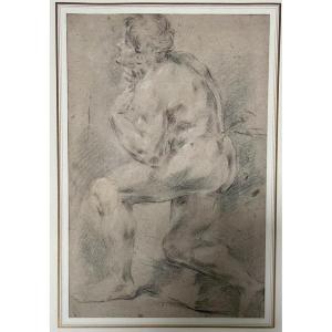 Crayon Et Craie Blanche - 18e - Etude d'Homme Nu Accroupi En Dévotion - Dim. 23,5 X 37cm