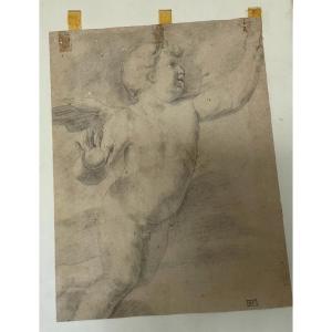 Study Of A Winged Love - Pencil - 18th - Dim. 24.5 X 33.5cm - Wear & Stains