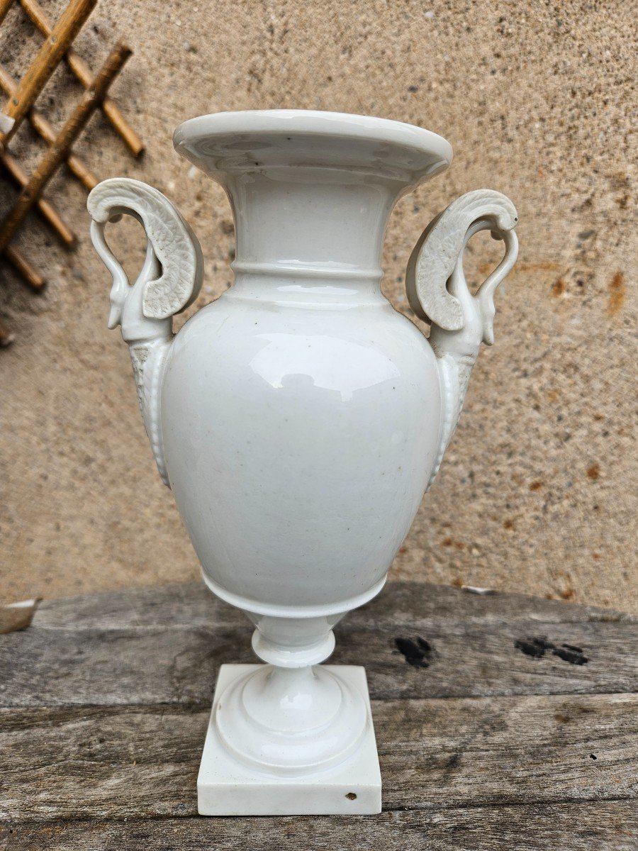 Vase En Porcelaine Empire & Cygnes, Swan & Fin 19ème , XIXe.-photo-3