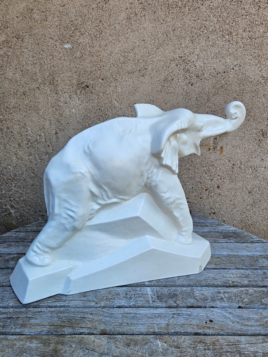 Dolly - Elephant In Cracked White Ceramic Signed Lejan-photo-5