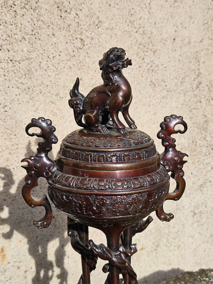 Brûle Parfum Asiatique En Bronze 19ème Chien De Fô & Pieds Entourés De Dragons-photo-2