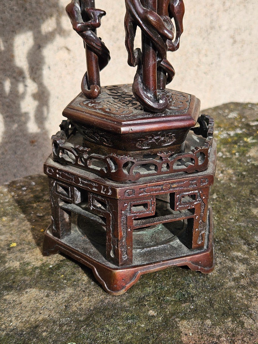 Brûle Parfum Asiatique En Bronze 19ème Chien De Fô & Pieds Entourés De Dragons-photo-4