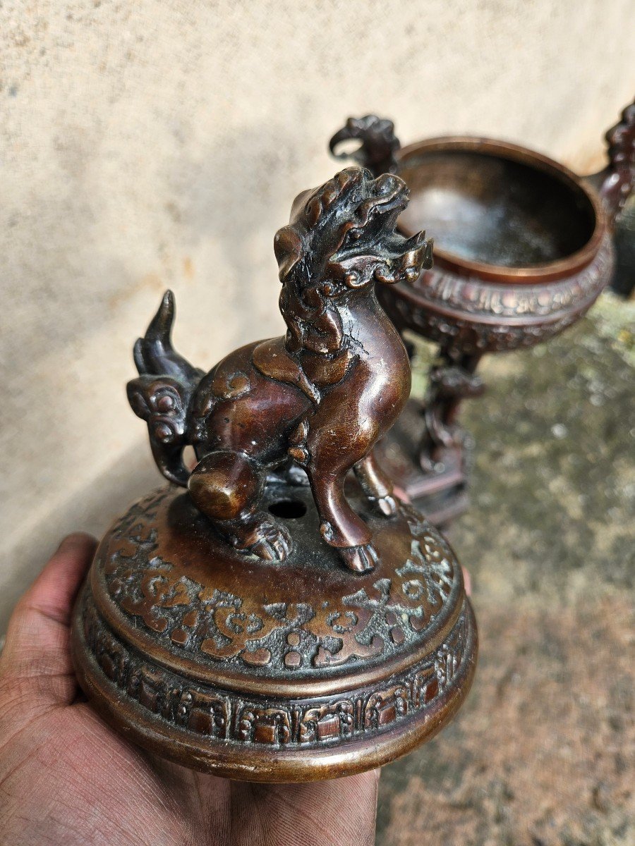 Brûle Parfum Asiatique En Bronze 19ème Chien De Fô & Pieds Entourés De Dragons-photo-3