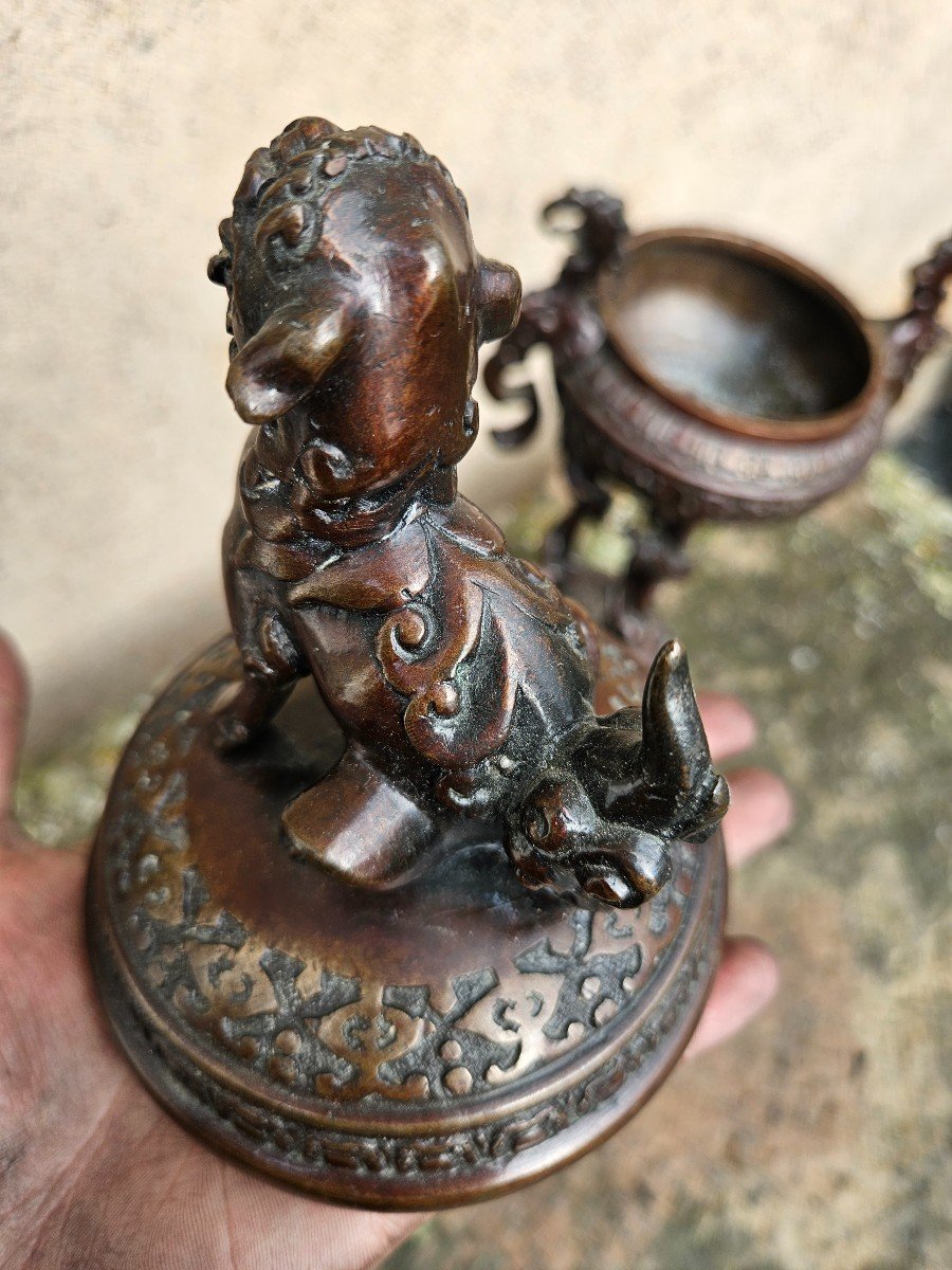 Brûle Parfum Asiatique En Bronze 19ème Chien De Fô & Pieds Entourés De Dragons-photo-6