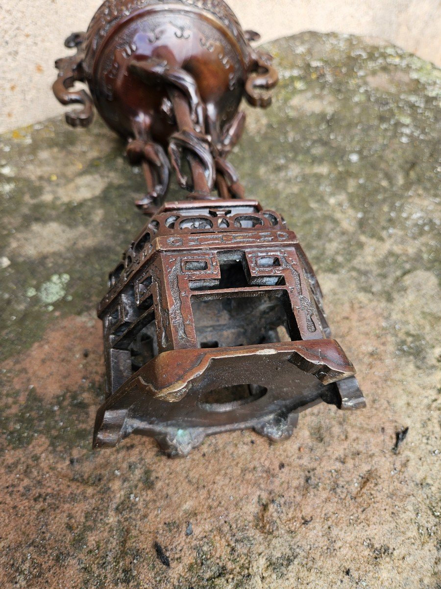 Brûle Parfum Asiatique En Bronze 19ème Chien De Fô & Pieds Entourés De Dragons-photo-8