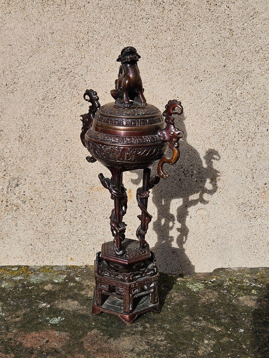Brûle Parfum Asiatique En Bronze 19ème Chien De Fô & Pieds Entourés De Dragons