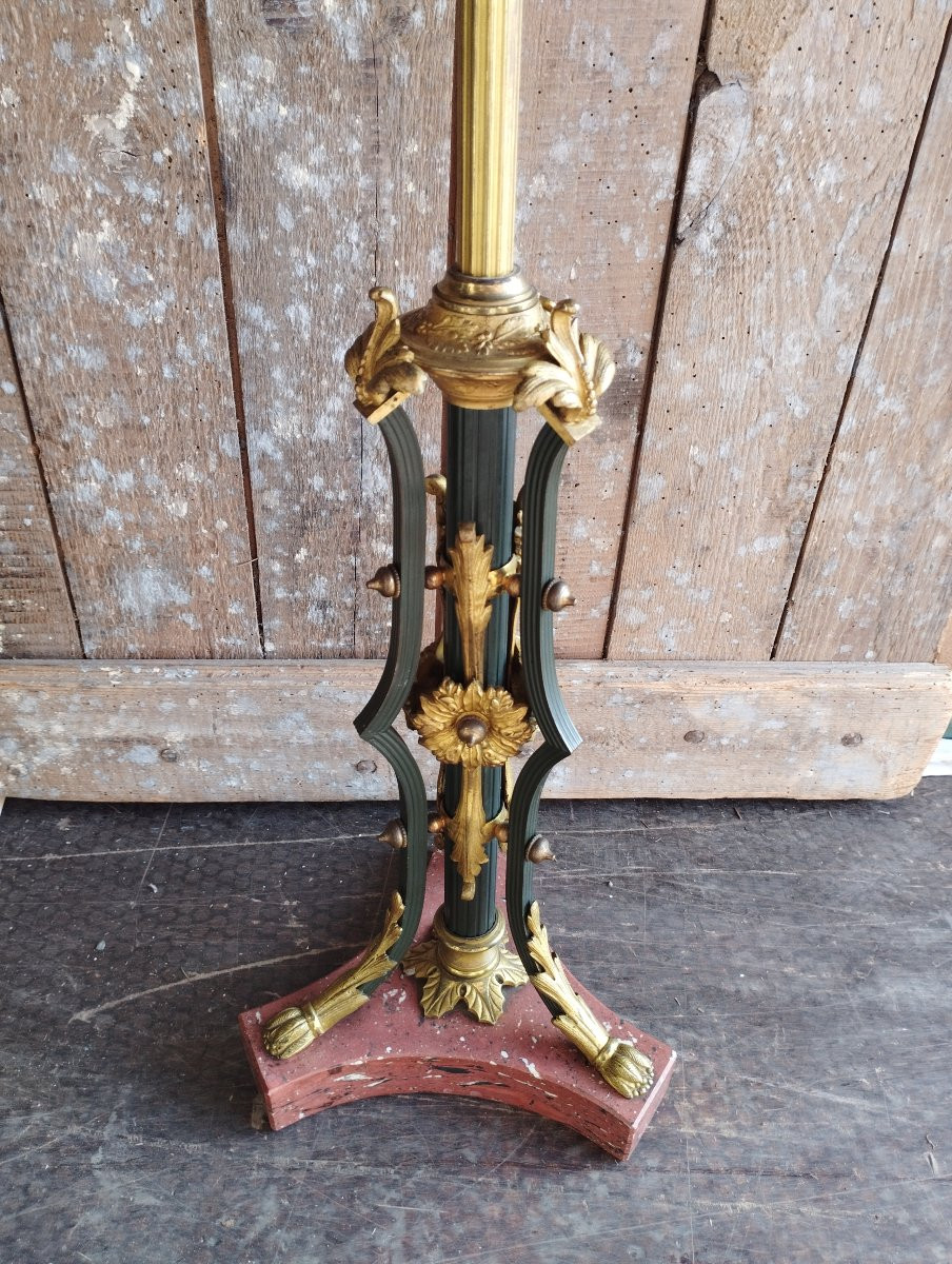 Grande lampe à pétrole réservoir verrerie de Loetz et piètement télescopique-photo-4