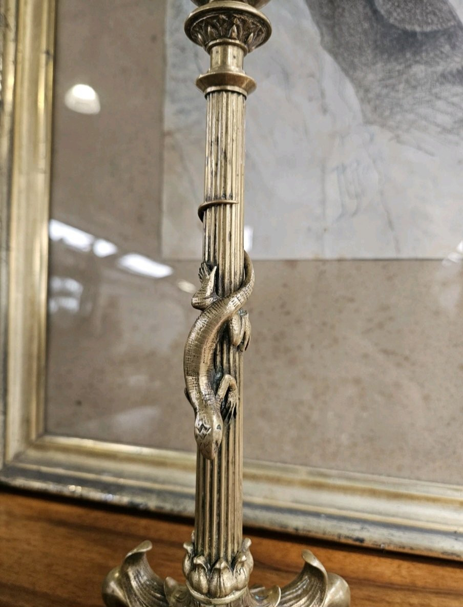 Pair Of Bronze Candlesticks Decorated With Salamanders, Napoleon III Period - 19th Century-photo-2
