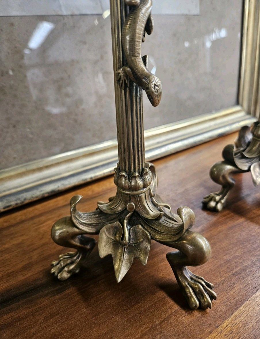 Pair Of Bronze Candlesticks Decorated With Salamanders, Napoleon III Period - 19th Century-photo-4