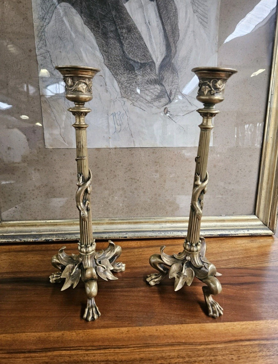 Pair Of Bronze Candlesticks Decorated With Salamanders, Napoleon III Period - 19th Century