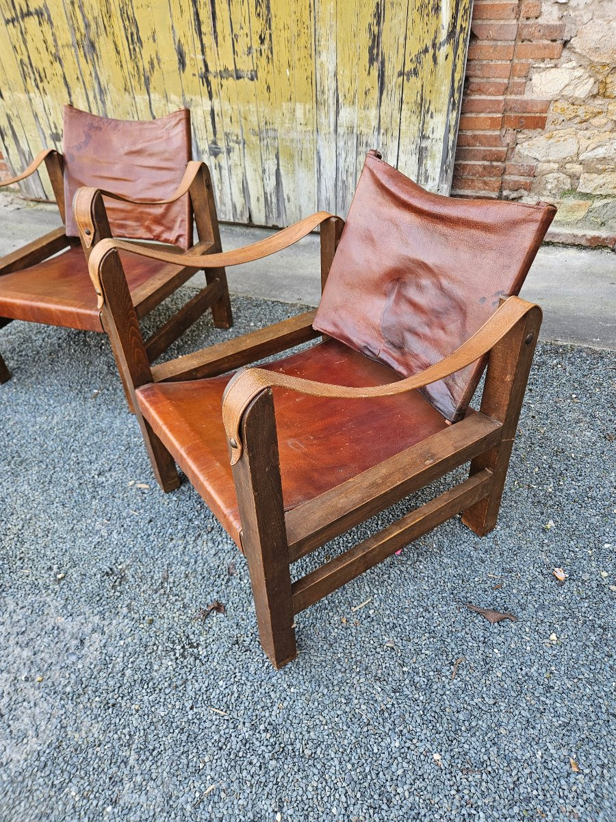 Set Of 3 Leather Safari Armchairs In The Style Of Pierre Chapo-photo-2