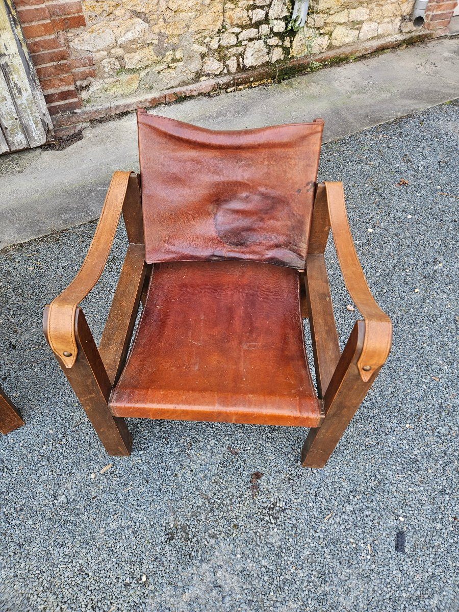 Set Of 3 Leather Safari Armchairs In The Style Of Pierre Chapo-photo-3