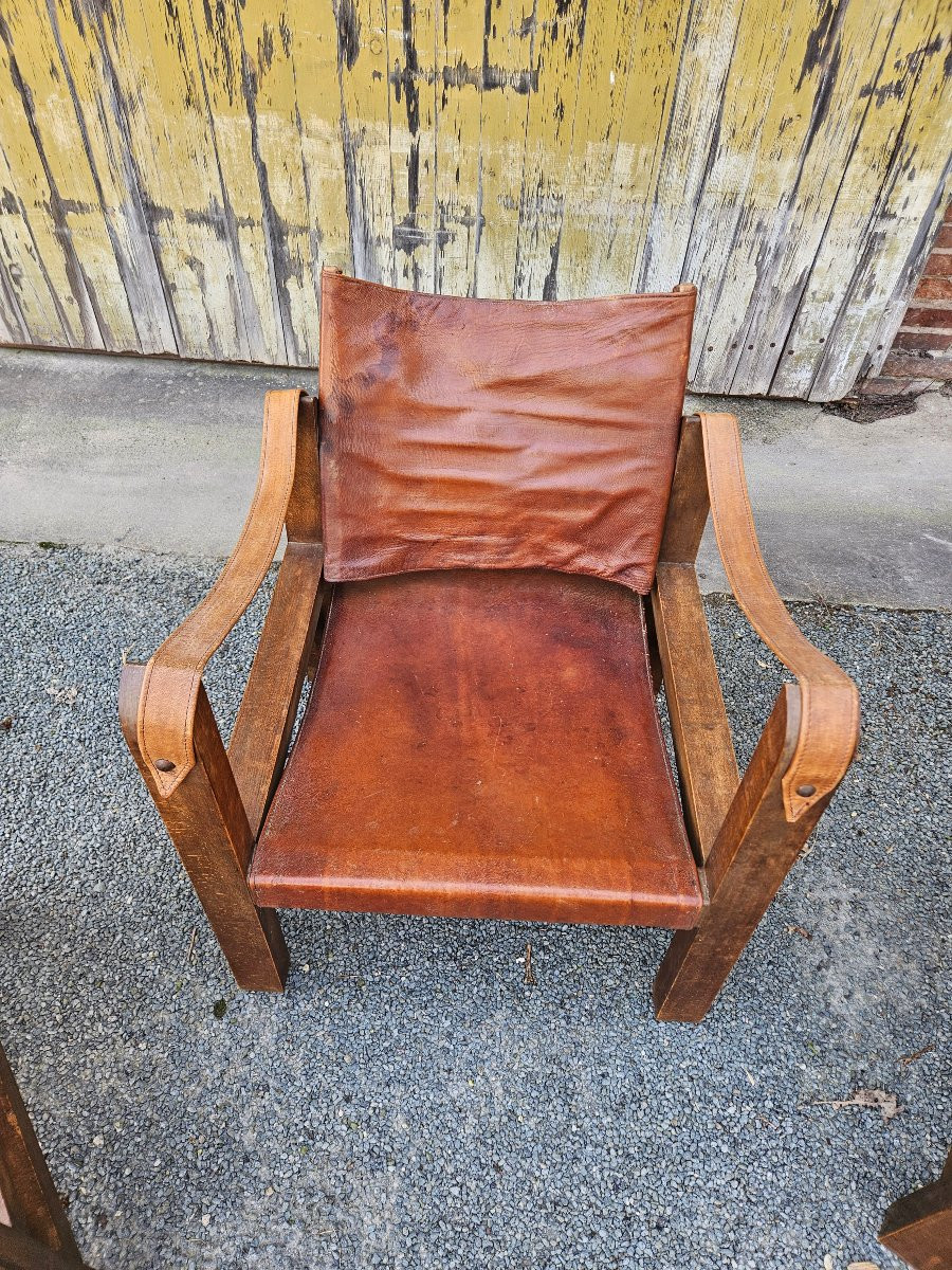 Set Of 3 Leather Safari Armchairs In The Style Of Pierre Chapo-photo-4