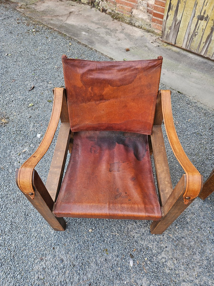 Set Of 3 Leather Safari Armchairs In The Style Of Pierre Chapo-photo-1