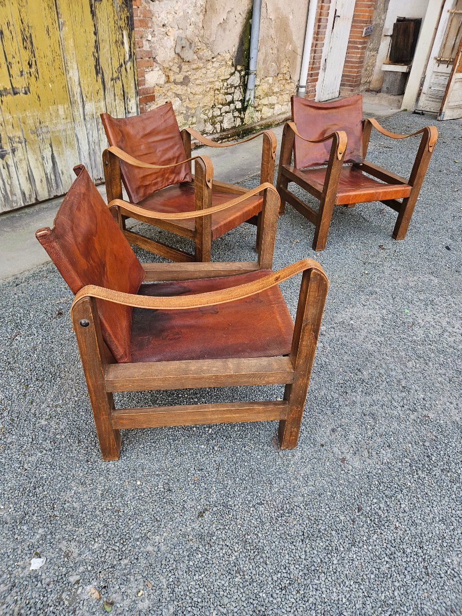 Set Of 3 Leather Safari Armchairs In The Style Of Pierre Chapo-photo-2
