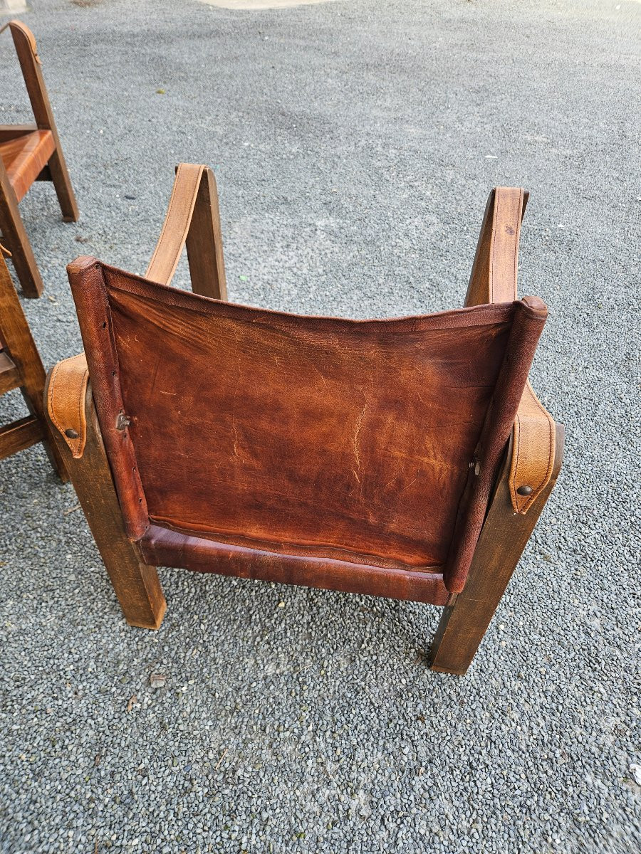 Set Of 3 Leather Safari Armchairs In The Style Of Pierre Chapo-photo-3