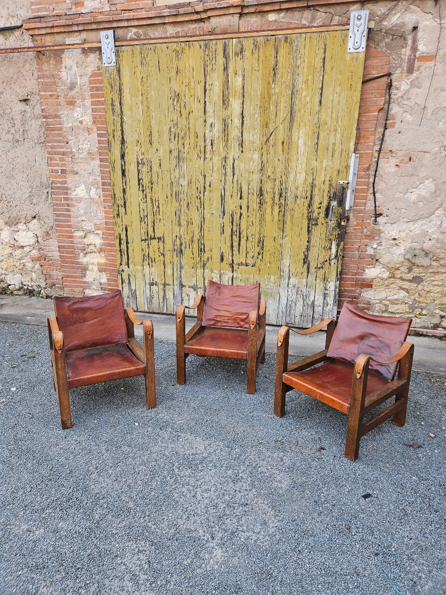 Set Of 3 Leather Safari Armchairs In The Style Of Pierre Chapo