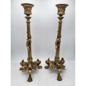 Pair Of Bronze Candlesticks Decorated With Salamanders, Napoleon III Period - 19th Century
