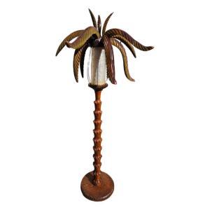 Palm Tree Floor Lamp In Vintage Carved Wood & 1960s/1970s