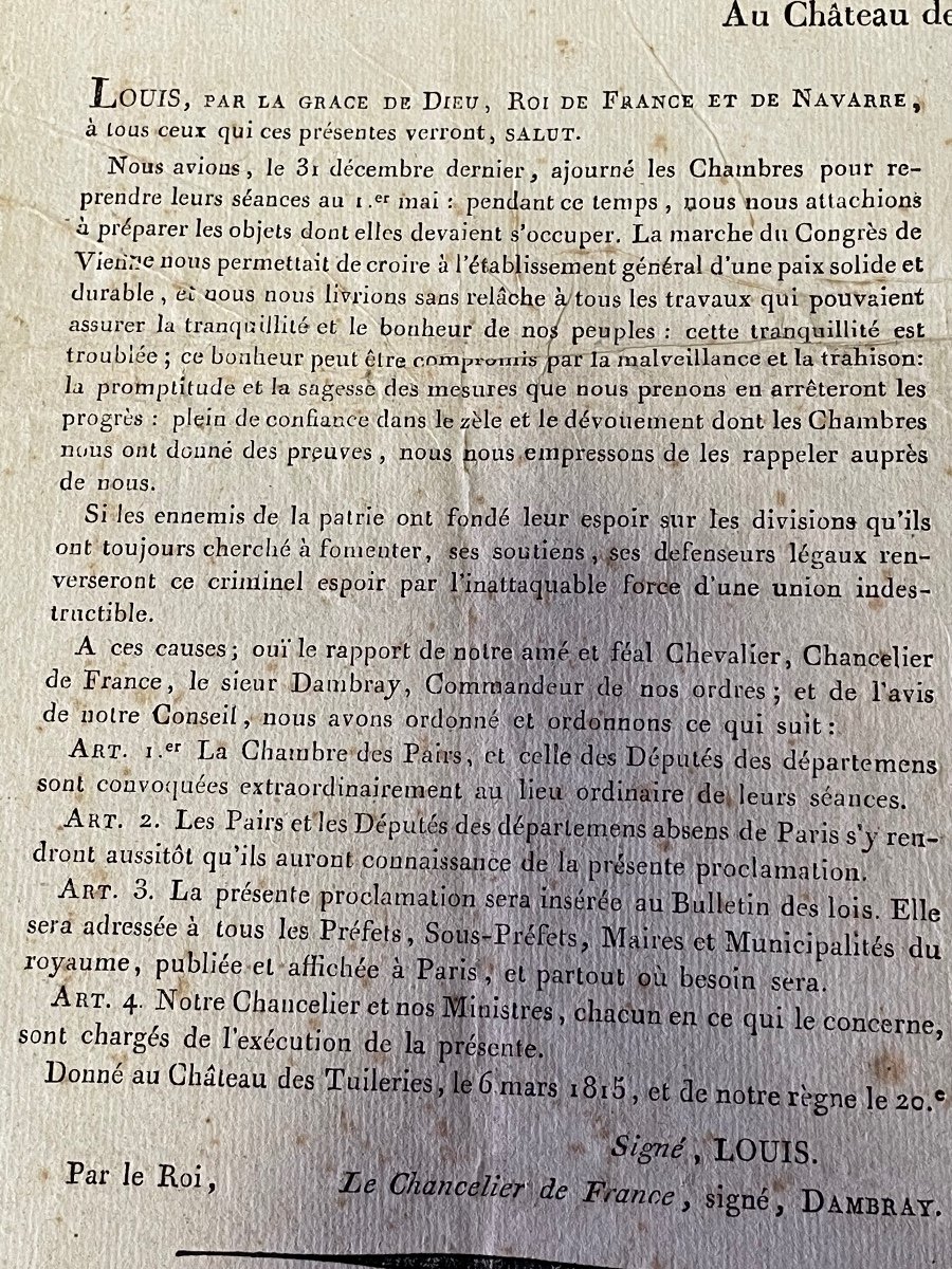 Rare Placard  "arrestation De Napoléon 1er " Proclamation  Du  6  Mars  1815  Par  Louis  XVIII-photo-4