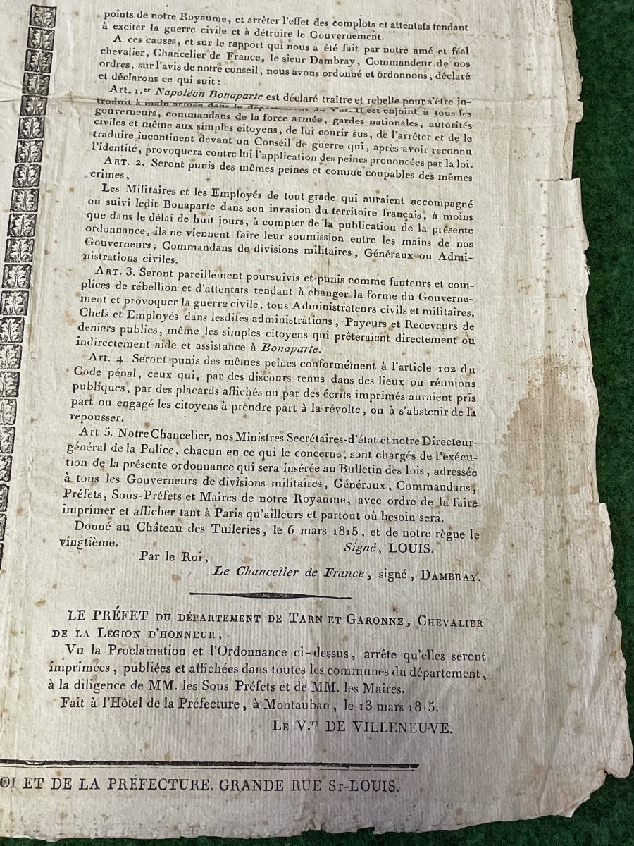 Rare Placard  "arrestation De Napoléon 1er " Proclamation  Du  6  Mars  1815  Par  Louis  XVIII-photo-5
