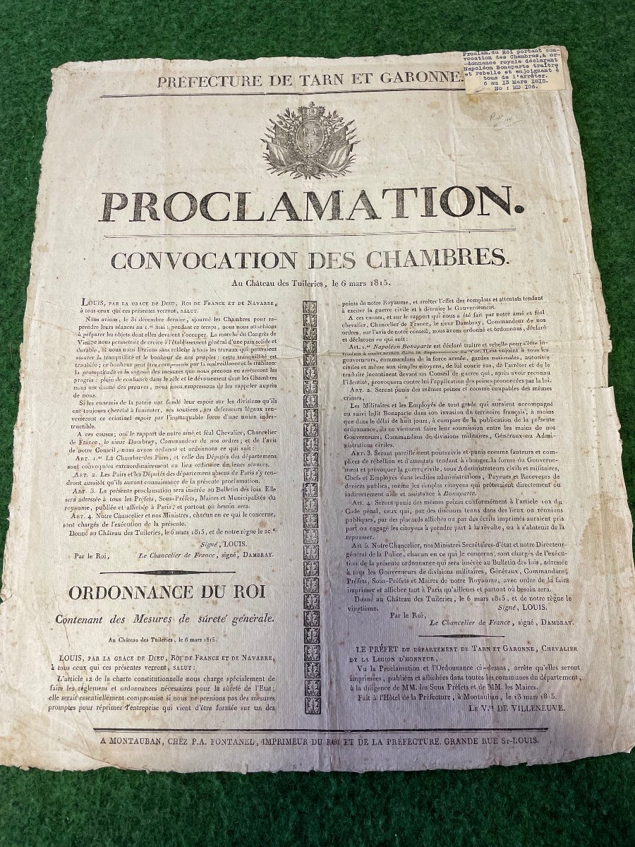 Rare Placard  "arrestation De Napoléon 1er " Proclamation  Du  6  Mars  1815  Par  Louis  XVIII