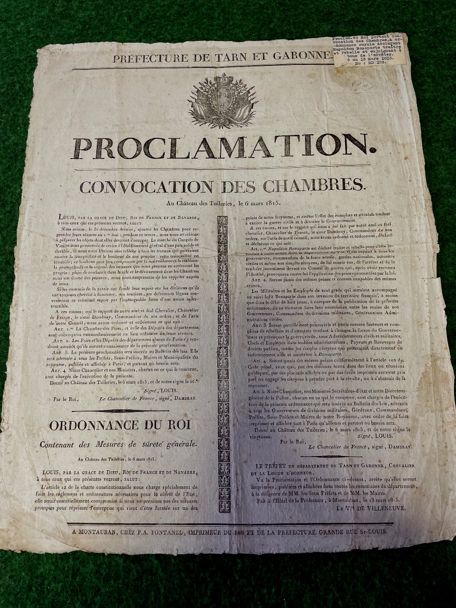Rare Placard  "arrestation De Napoléon 1er " Proclamation  Du  6  Mars  1815  Par  Louis  XVIII