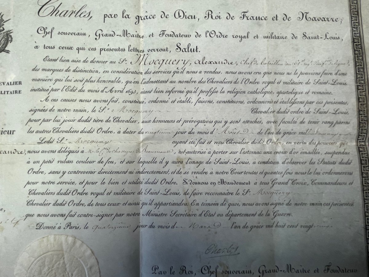 Brevet De Chevalier De l'Ordre Royal Et Militaire De Saint Louis  Par  Le Roi   Charles X 1825 -photo-1