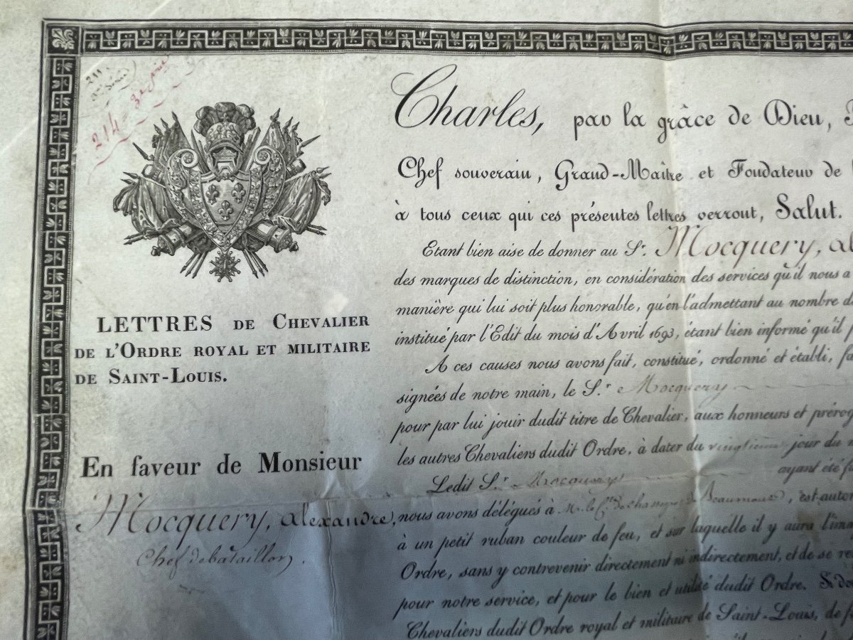 Brevet De Chevalier De l'Ordre Royal Et Militaire De Saint Louis  Par  Le Roi   Charles X 1825 -photo-2
