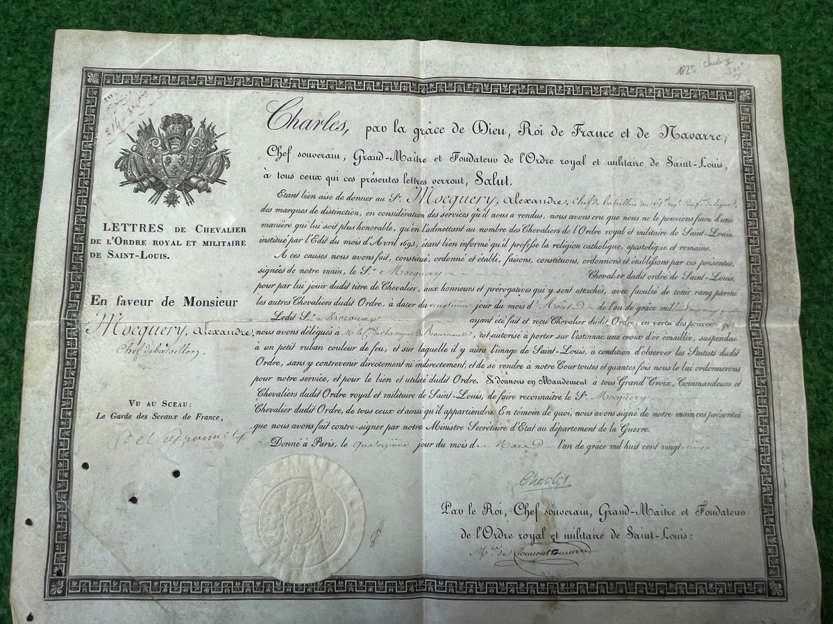 Brevet De Chevalier De l'Ordre Royal Et Militaire De Saint Louis  Par  Le Roi   Charles X 1825 