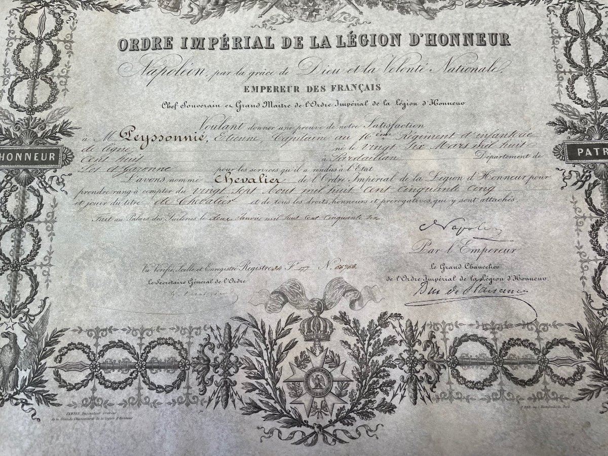 Brevet De Chevalier  De L Ordre Impérial De La Légion d'Honneur Napoléon III  1856  N°8-photo-3