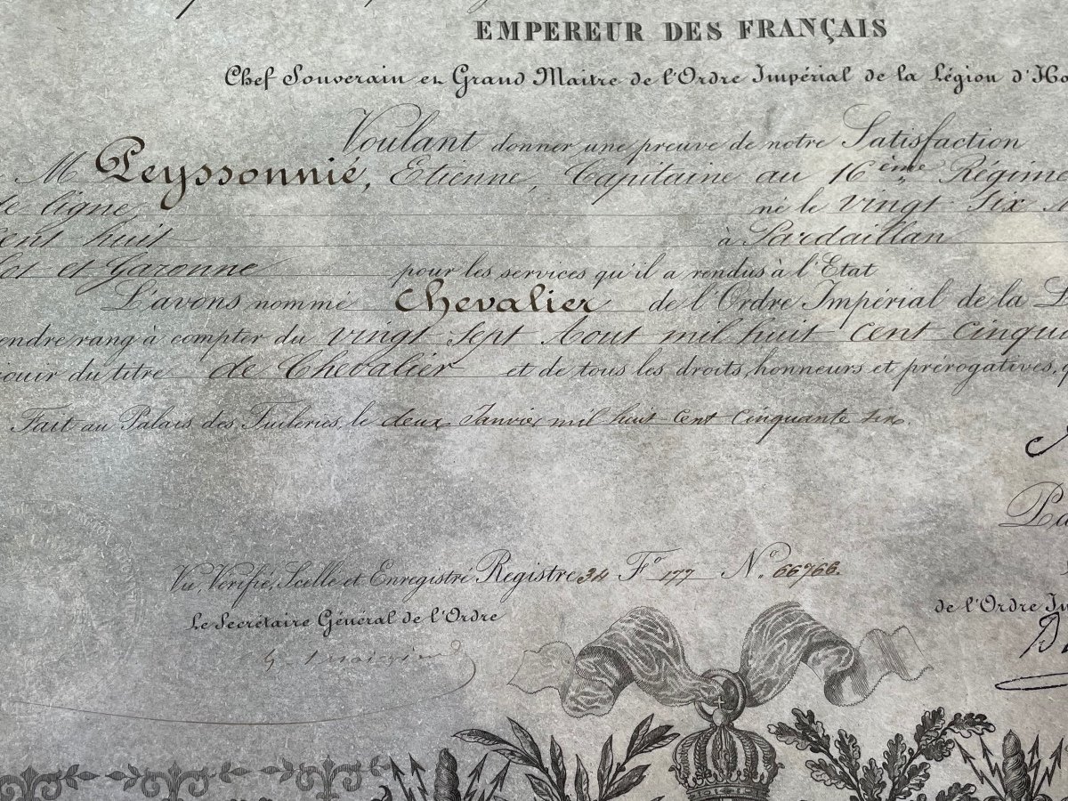 Brevet De Chevalier  De L Ordre Impérial De La Légion d'Honneur Napoléon III  1856  N°8-photo-4