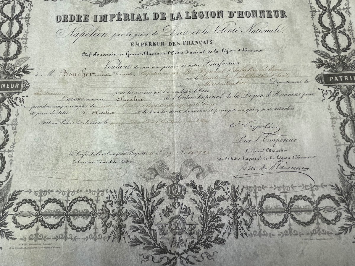 Brevet De Chevalier  De L Ordre Impérial De La Légion d'Honneur Napoléon III  1856  N°7-photo-3